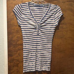 Guess Los Angeles Blue Tie Dye Stripe Ribbed V-Neck Henley Tee Shirt Y2K Size M
